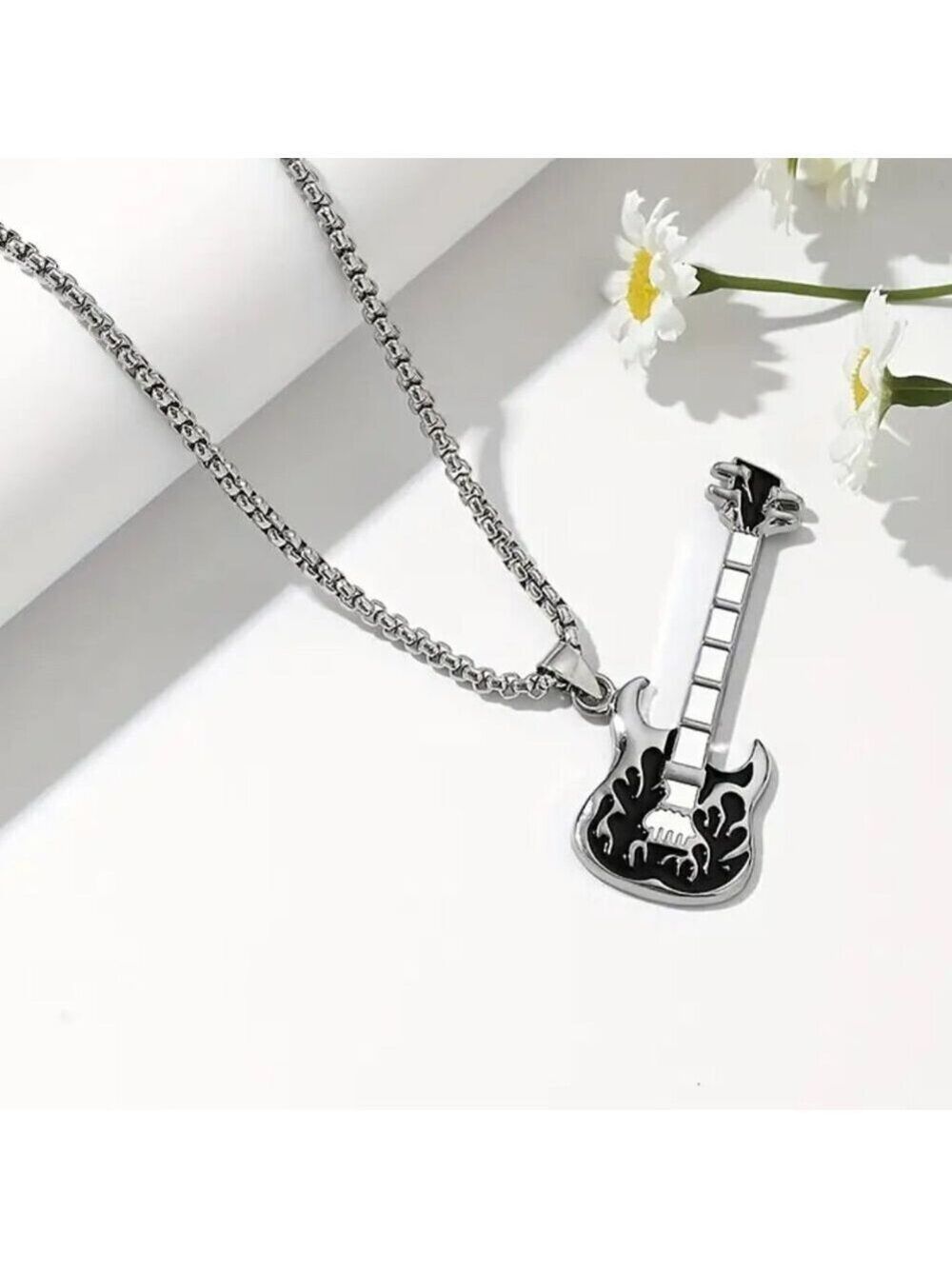 Emerald Green Flaming Guitar with White Neck Rocker Necklace and Pendant 1559 - Picture 15 of 16